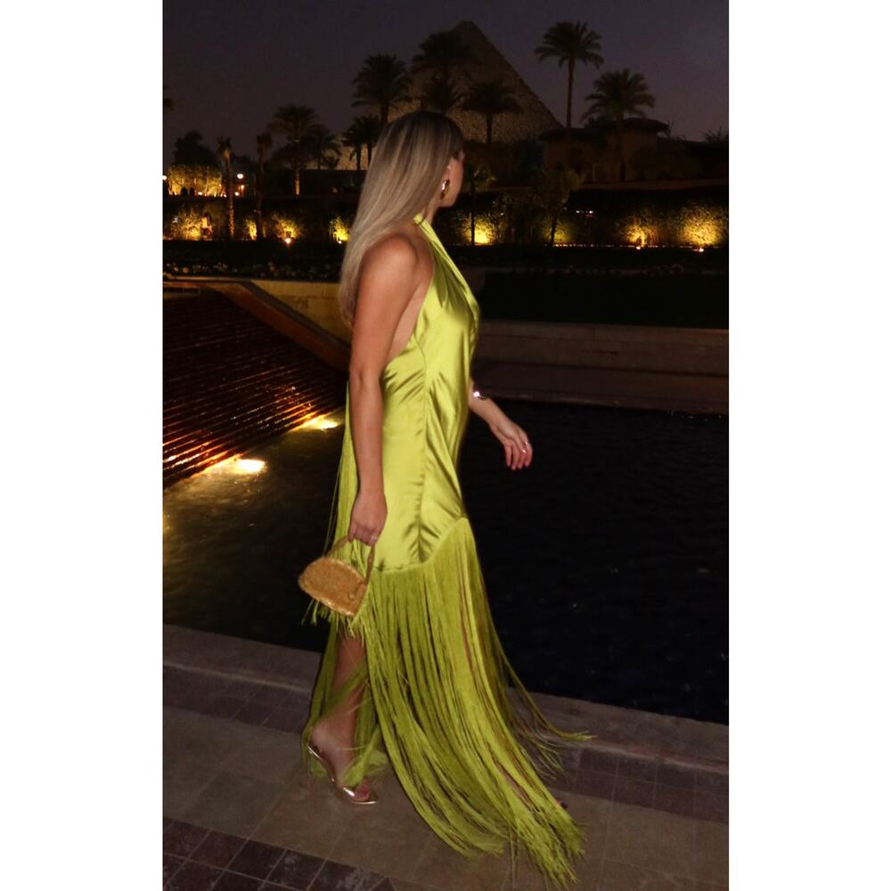 Show Me Your Mumu Jasmine Fringe Maxi in Chartreuse Luxe Satin L NWT - Picture 9 of 9